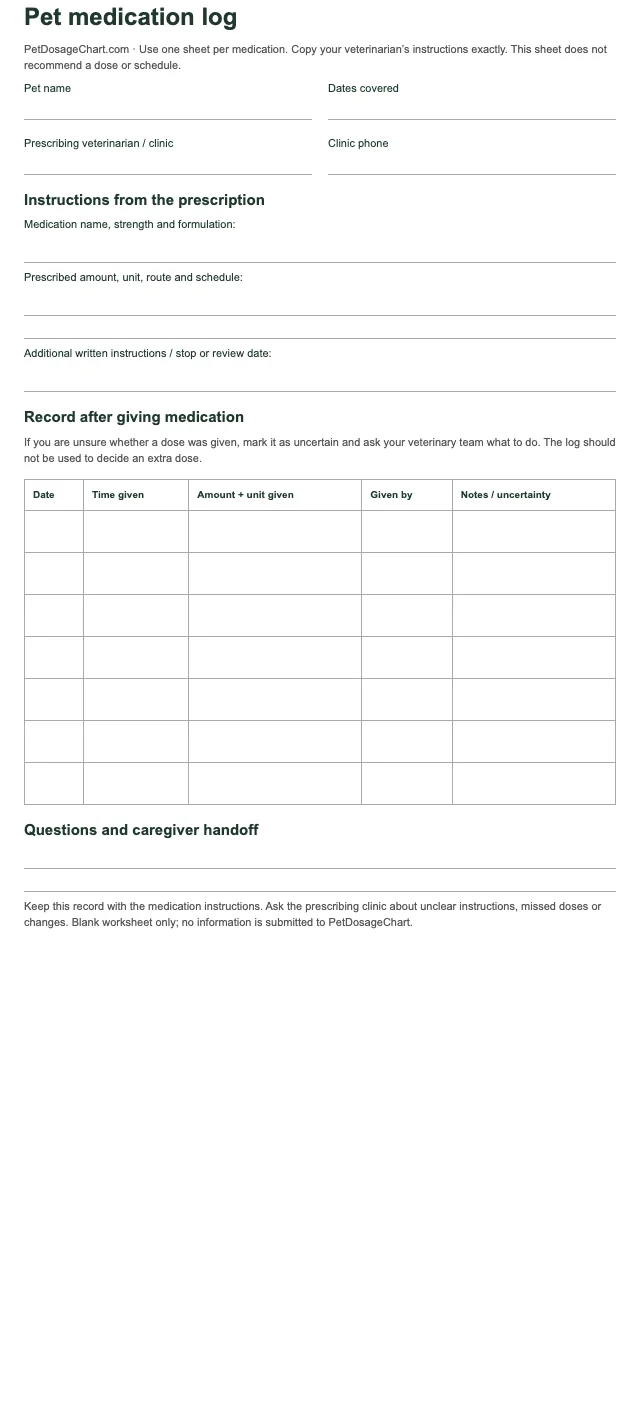 Preview of the blank medication log with prescription fields, a record table and caregiver handoff notes.